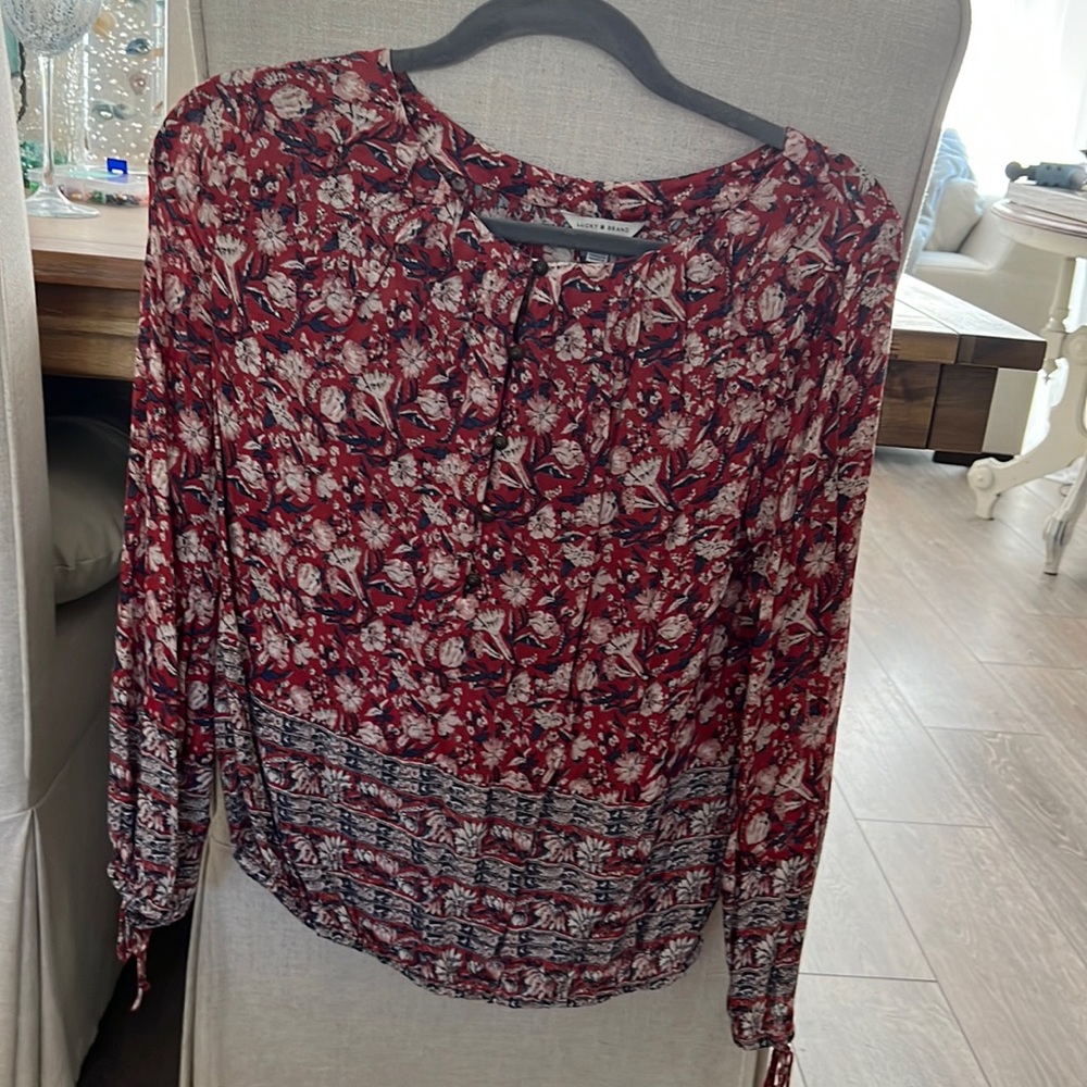 LUCKY BRAND Burnt Orange Print Button down Elastic Hem Waist Peasant Top